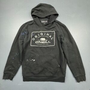 O'Neill Hoodie Men's Large Black Pullover Distressed Graphic Surf Skate Y2K